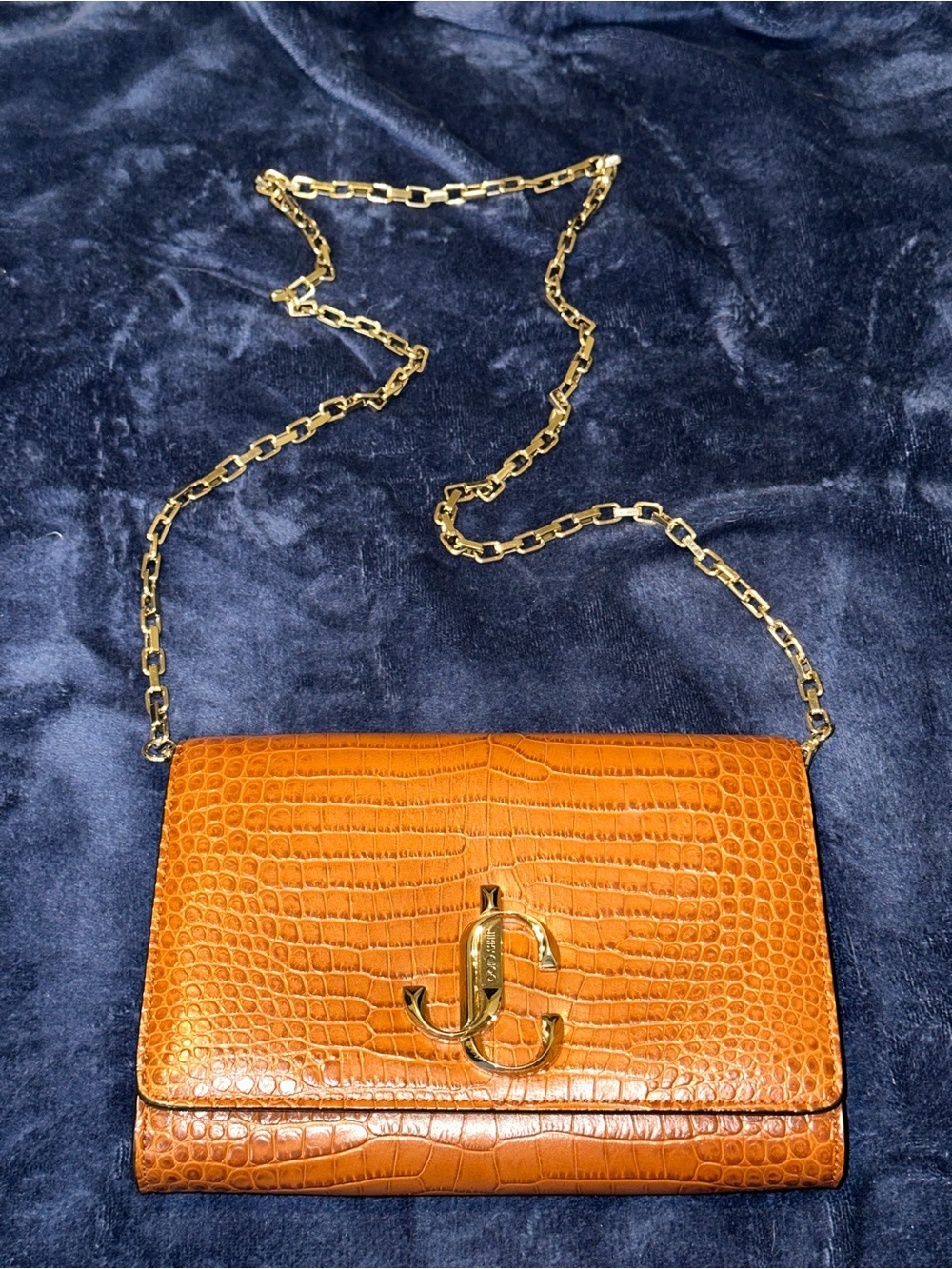 Jimmy Choo Croc-Embossed Leather Crossbody in Cognac with Gold Hardware